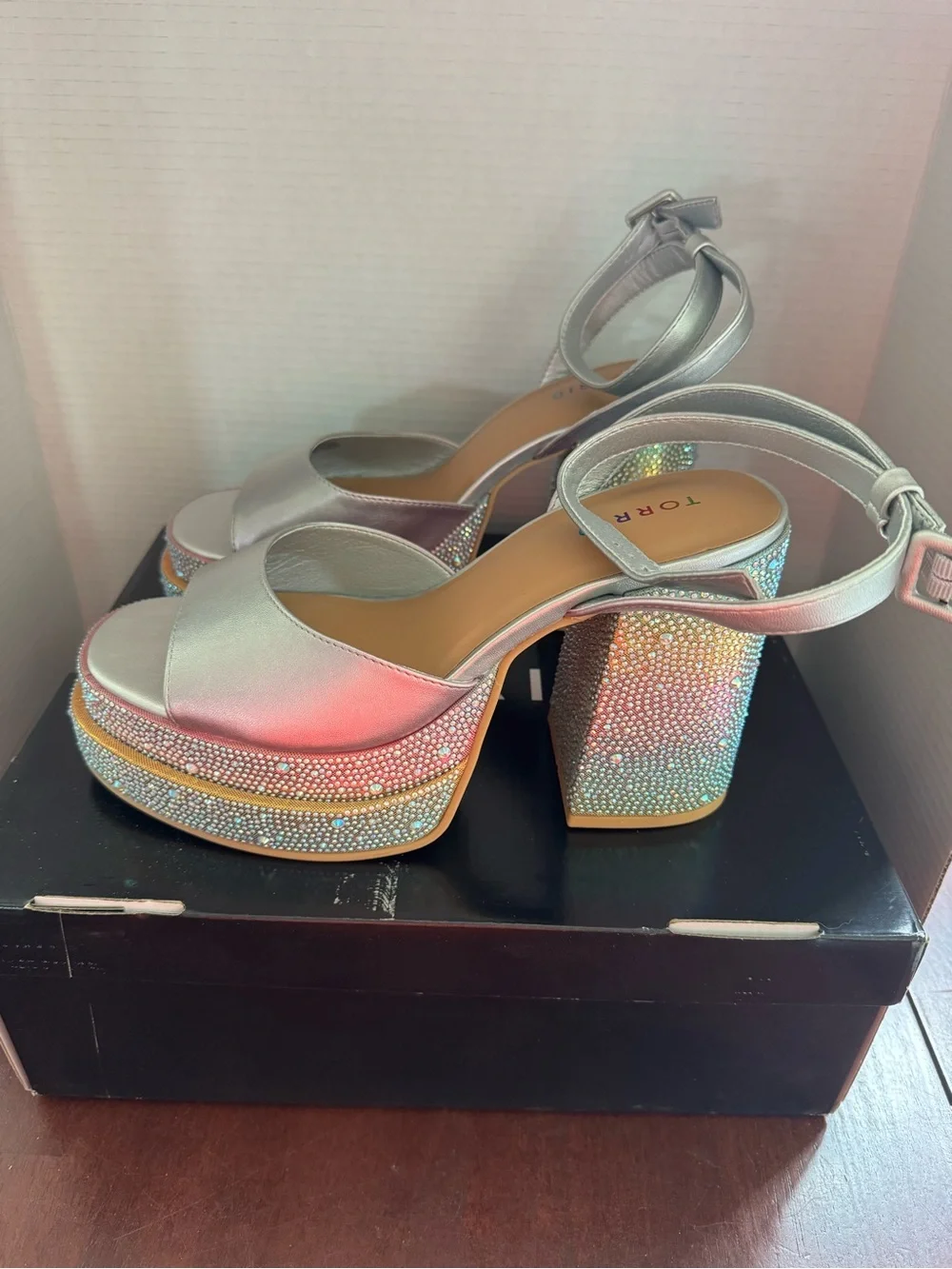 torrid Silver Ankle-Strap Platform Sandals with Multicolor Rhinestone Trim